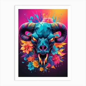 Floral Bull Skull Neon Iridescent Painting (9) Art Print