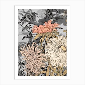 Abstract Botanical Fiddleheads and Dahlias, Cream and Graphite, Collage Botanical No.12623 - 08 Art Print