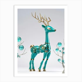 Ceramic And Metal Whimsical Teal Deer Resembling A Firefly Robot Frolics Among Icy Trees Glistenin (1) Art Print