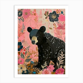 Floral Animal Painting Black Bear 1 Art Print