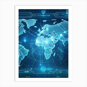 World Map On A Futuristic Blue Digital Interface Art Print