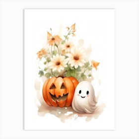 Cute Ghost With Pumpkins Halloween Watercolour 19 Art Print