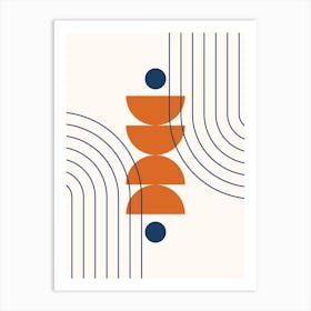 Modern Mid Century Sun, Moon Phases and Rainbow Abstract 37 in Navy Blue and Burnt Orange Art Print