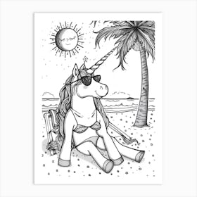 Unicorn On The Beach Black & White Illustration Art Print