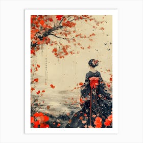 Elegant Japanese Woman in Kimono | Traditional Asian Art | Cherry Blossom Tree Painting Art Print