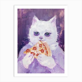 White Cat Eating Pizza Folk Illustration 3 Art Print