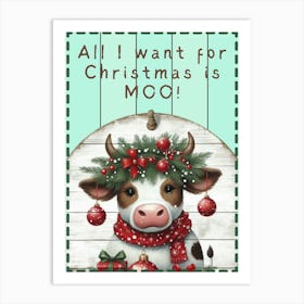 Cute Christmas Cow Mint Shiplap Art Print