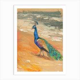 Peacock Walking On The Beach Oil Pastel Inspired Art Print