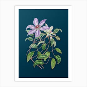Vintage Violet Clematis Flower Botanical Art on Teal Blue n.0156 Art Print