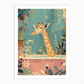 Pastel Illustration Of A Giraffe In The Bath 1 Art Print