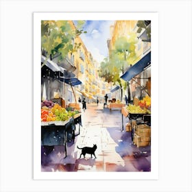 Food Market With Cats In Malaga 1 Watercolour Art Print