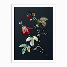 Vintage Red Passion Flower Botanical Watercolor Illustration on Dark Teal Blue Art Print