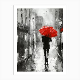 A Man with a Red Umbrella in the Rain Art Print