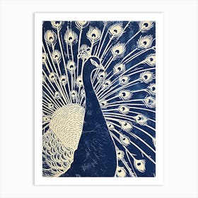 Navy Blue & White Peacock Linocut Inspired Portrait 1 Art Print