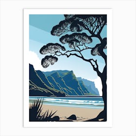 Hanalei Bay, Kauai, Hawaii - Retro Landscape Beach and Coastal Theme Travel Poster Art Print