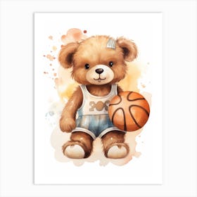 Basketball Teddy Bear Painting Watercolour 1 Art Print