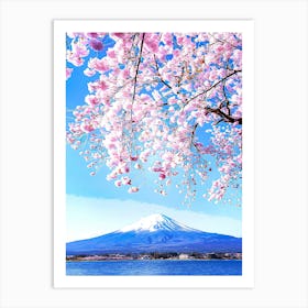 Fuji Mountain And Pink Sakura Branches At Kawaguchiko Lake, Japan Art Print