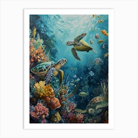 Sea Turtles With A Coral Reef Expressionism Style Painting 7 Art Print