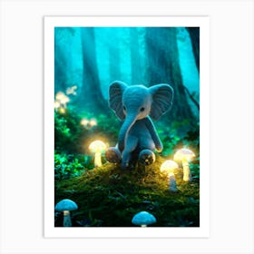 Turquoise Baby Elephant Seated Amidst Towering Luminescent Mushrooms Dappling Magical Light Circl Art Print