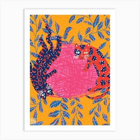 Blue And Red Cats, Ball, Plants Art Print