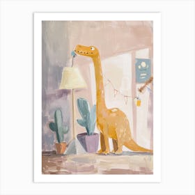 Dinosaur Cleaning The House With A Feather Duster Art Print