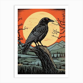 Vintage Bird Linocut Raven 2 Art Print