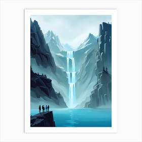Surreal Traveller Figures Stand Looking At Magical Lake Hidden In Cold Mountains Art Print