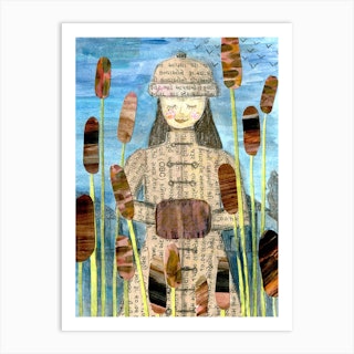 Girl In The Reeds Brown & Blue Art Print