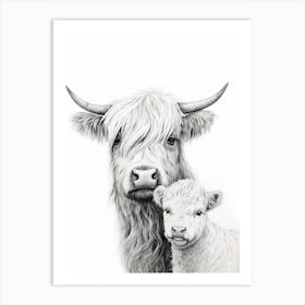 Black & White Illustration Of Highland Cow With  Art Print
