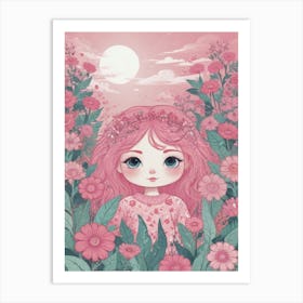 Pink Girl In Flowers Art Print