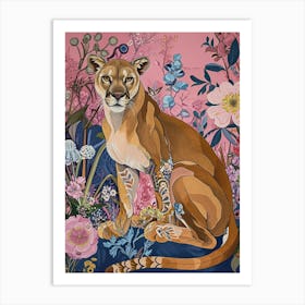 Floral Animal Painting Mountain Lion 3 Art Print