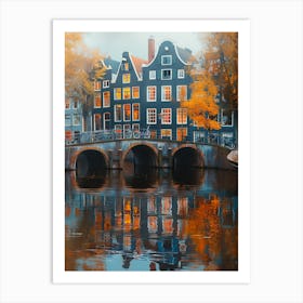 Amsterdam Colorful Buildings And Bridge, Reflections On Water Art Print