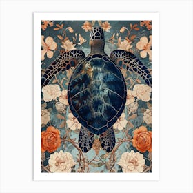Textured Floral Sea Turtle Blue & Sepia 3 Art Print