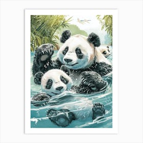 Giant Panda Family Swimming In A River Storybook Illustration 3 Art Print