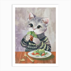 Cute Cat Eating Salad Folk Illustration 1 Art Print