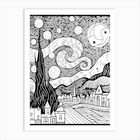 Line Art Inspired By The Starry Night 1 Art Print