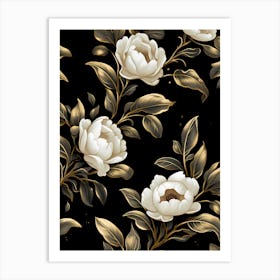 White Peonies On A Black Background Art Print