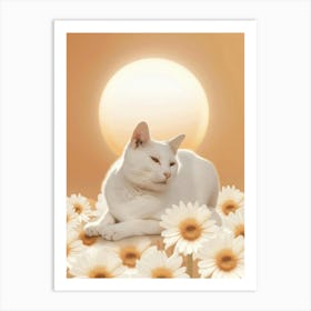 White Cat With Daisies Art Print