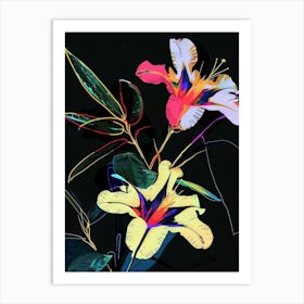 Neon Flowers On Black Moonflower 4 Art Print