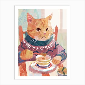 Tan Cat Having Breakfast Folk Illustration 1 Art Print