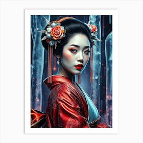 Geisha In Red Kimono . Ice Crystal Background Art Print