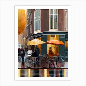 Amsterdam cafes, autumn season, rain, autumn oil colours.Faded colours,People passing on the street, winter clothes, rain umbrellas..9 1 Art Print