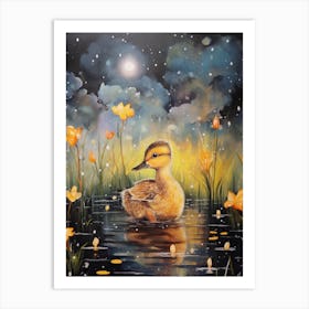 Mixed Media Duckling With Fireflies 2 Art Print
