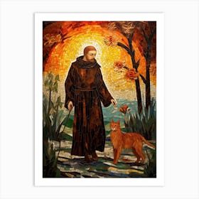 Mosaic Of A Monk & Cat At Sunset Art Print