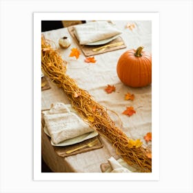 Autumn Themed Dinner Table Centerpiece Of Intertwined Golden Orange Pumpkin Vines Scattered Leaves (4) Art Print