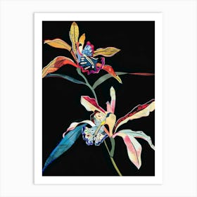 Neon Flowers On Black Monkey Orchid 2 Art Print