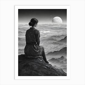 Woman Looking At The Moon Art Print