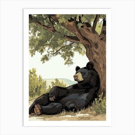 American Black Bear Laying Under A Tree Storybook Illustration 2 Art Print