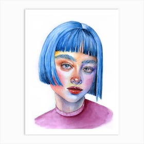Watercolor portrait of a blue haired girl Art Print