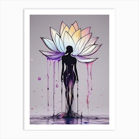Lotus Flower and Women Silhouette Minimalist Style Dripping Paint Art Print